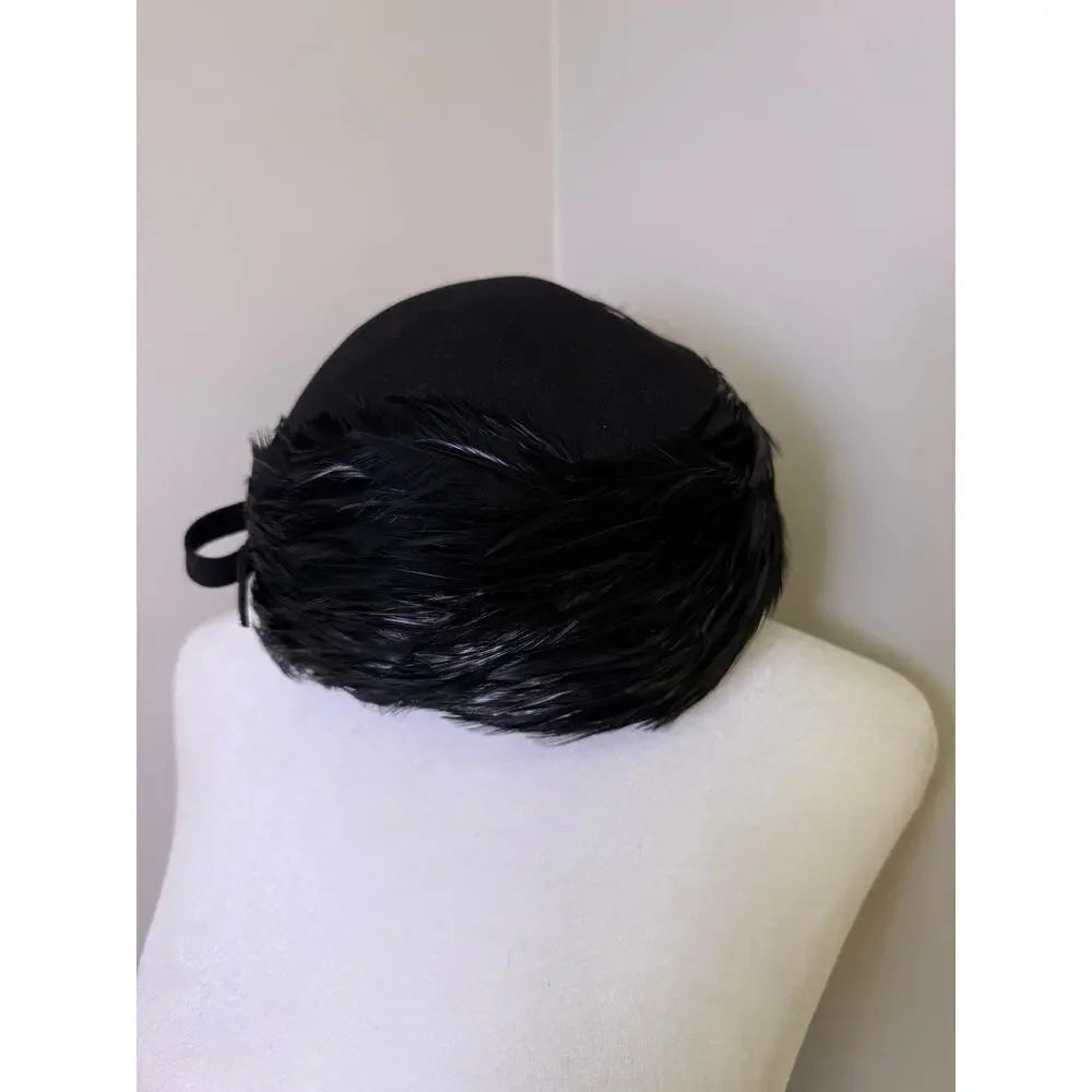Vintage Mr. John Moderne Black Feather Pillbox Hat Fascinator Bow Accent